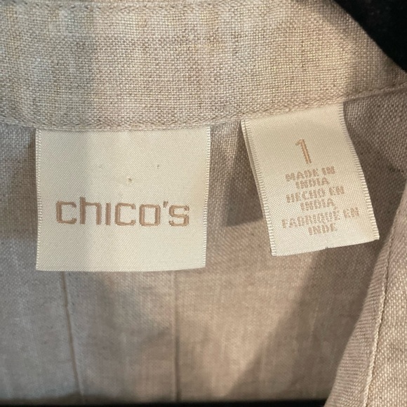 Chico's Women’s Shift Mini Dress Medium Tan Foiled 100% Linen Contemporary - Picture 11 of 17